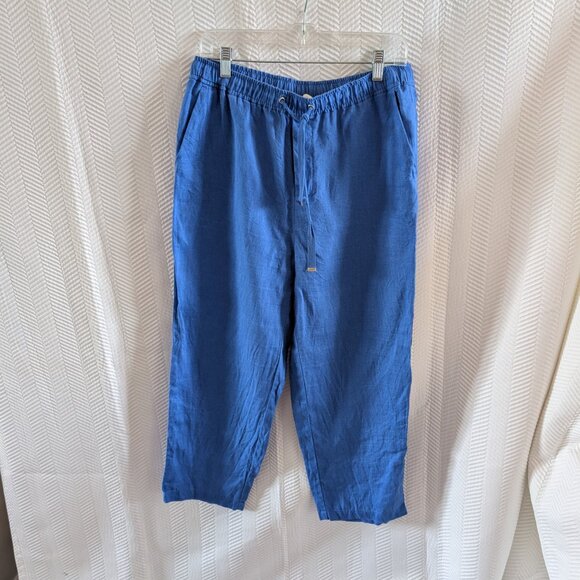 Mango MNG Blue Linen Cropped Pants Drawstring Waist Size Medium - Picture 2 of 9